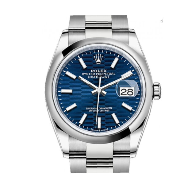 New Rolex Datejust 126200 Oyster unisex watch with bright blue, fluted motif dial 2021