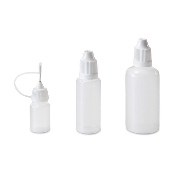 Set of 9 bottles, 5 - 50 ml, white with caps, dosing aids and funnel - Image 3