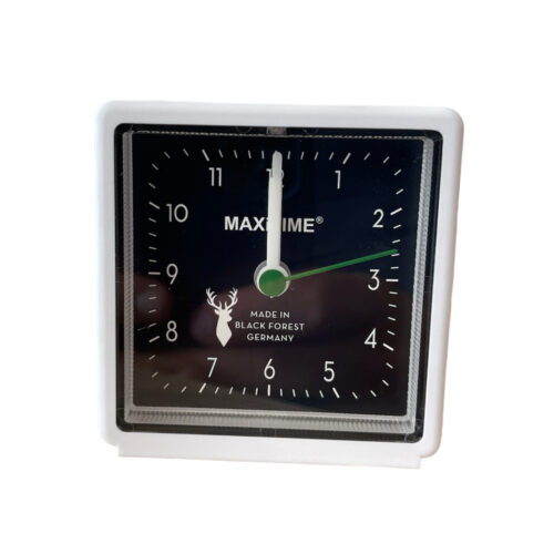 Maxitime Black Forest quartz alarm clock with light and snooze button, housing white, dial black