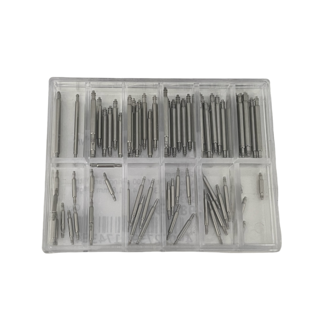 Assortment of 100 spring bars with flange Ø 1,3 + 1,4 + 1,8 mm length 6-23 mm