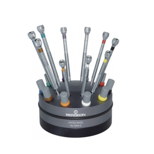 Bergeon 3044-A chrome screwdrivers on a rotating base 10 pieces with spare blades