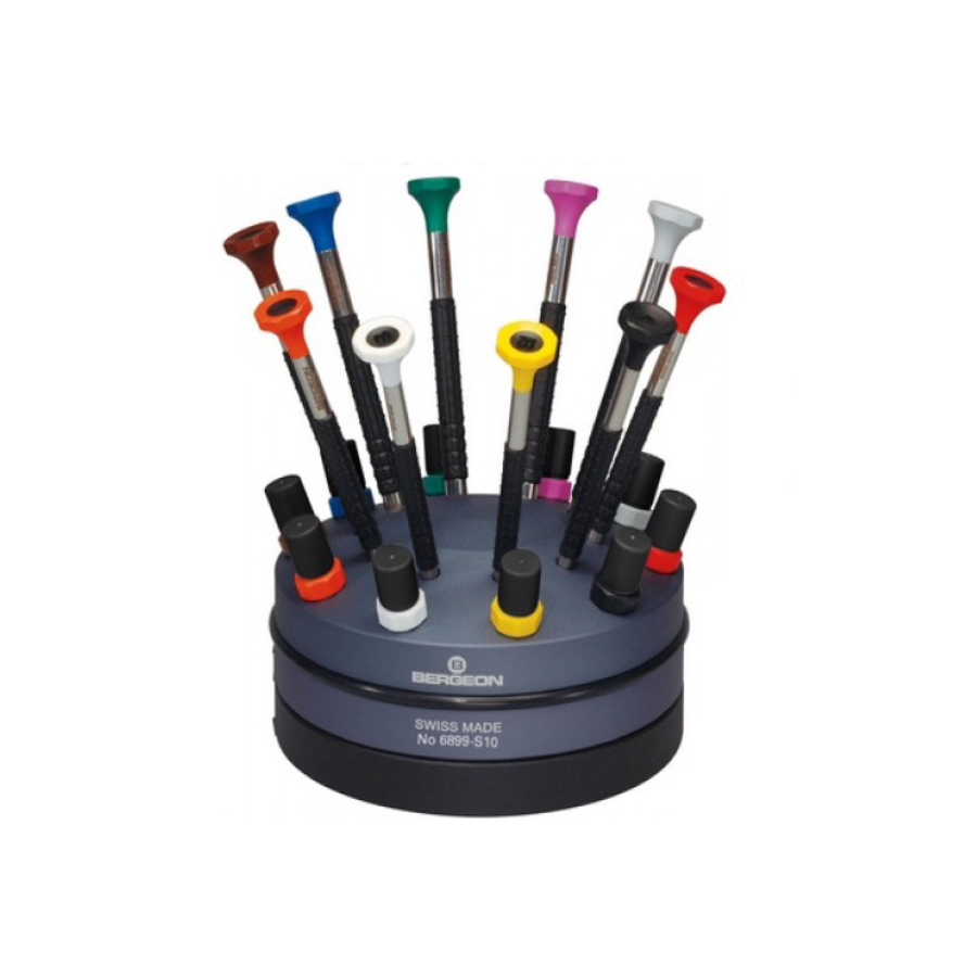 Bergeon 6899-S10 set of 10 ergonomic screwdrivers with spare blades on a rotating base