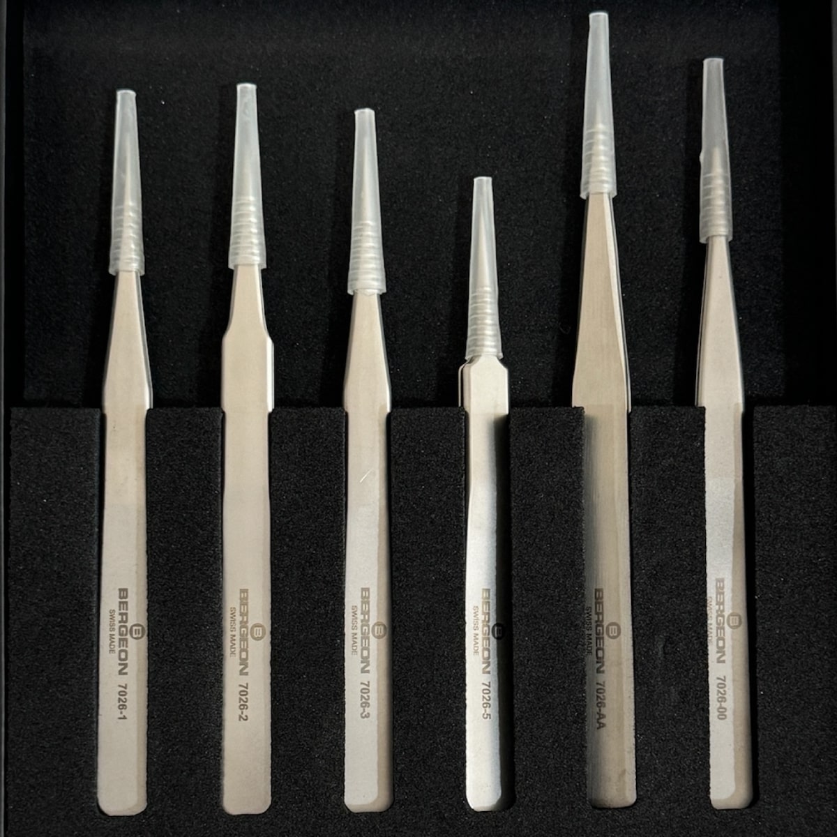 Bergeon 7026-AC6 set of 6 steel precision antimagnetic tweezers in box - Image 2