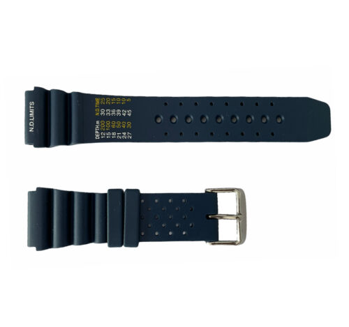 Blue rubber diver watch strap with decompression table and stainless steel buckle 20 mm, 22 mm