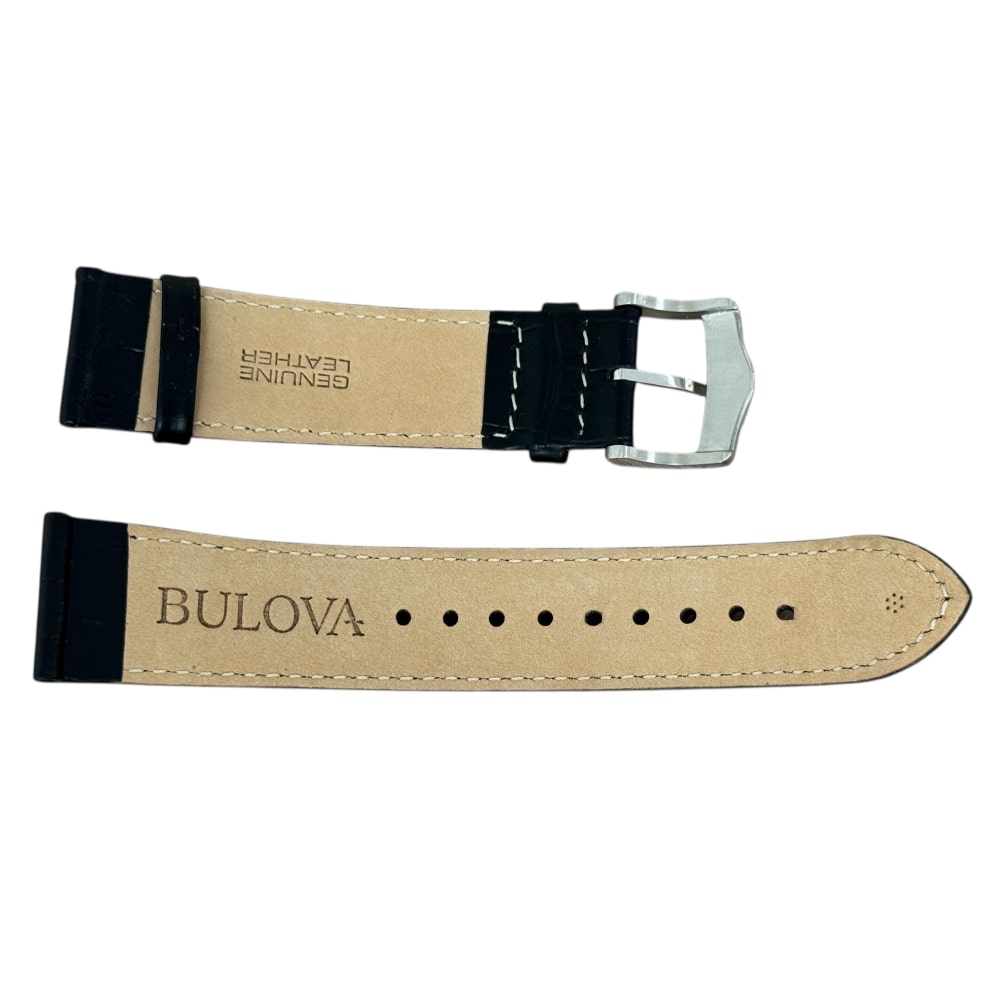 Bulova black leather watch strap with steel buckle, 22mm - Image 2