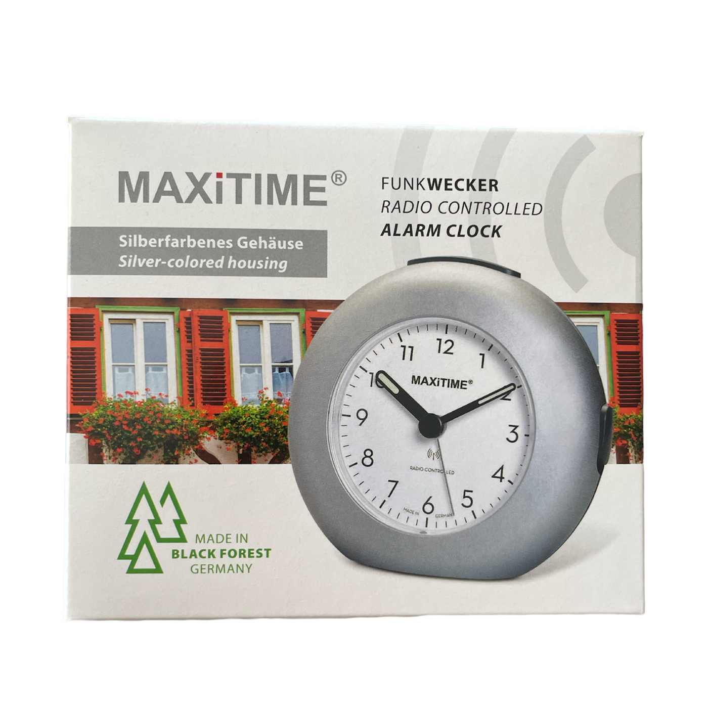 Maxitime radio controlled alarm clock with snooze, crescendo alarm, light, 2 hands, round silver housing - Image 5