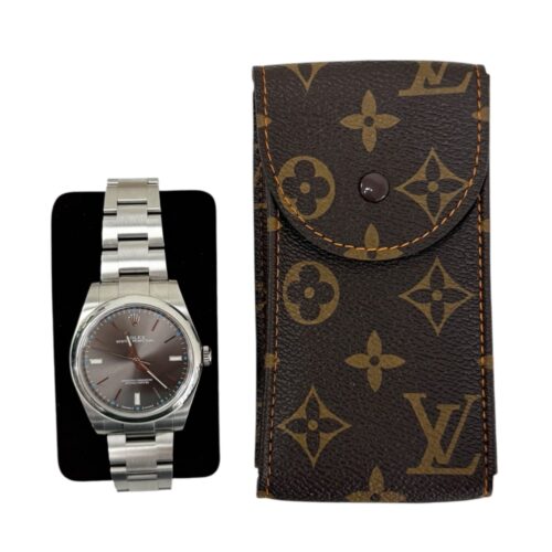 New Louis Vuitton watch brown leather pouch with orange stitching