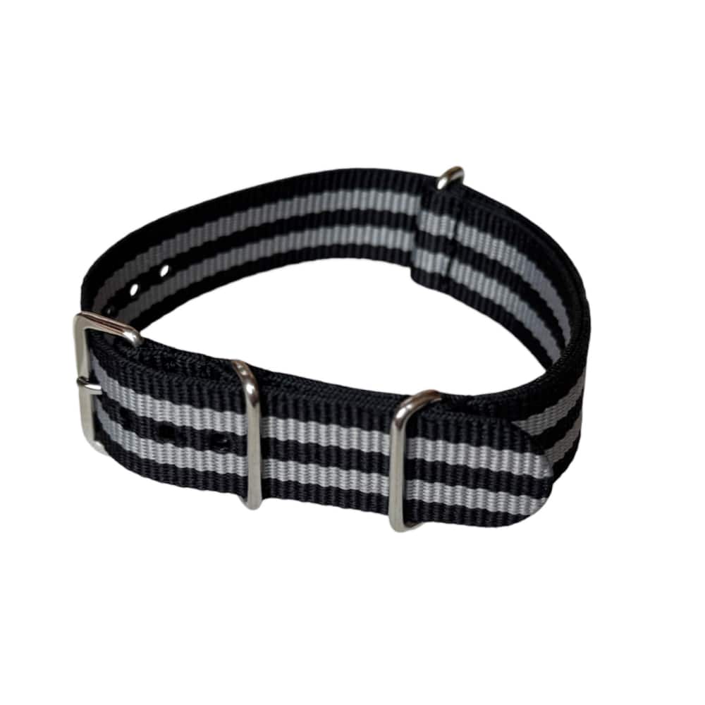 Nylon watch NATO strap black with grey band, 20mm