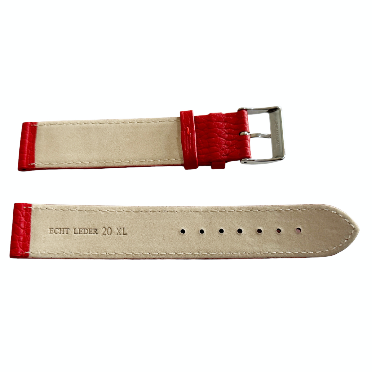 XL red watch leather strap with silver tone buckle 20mm - Image 2