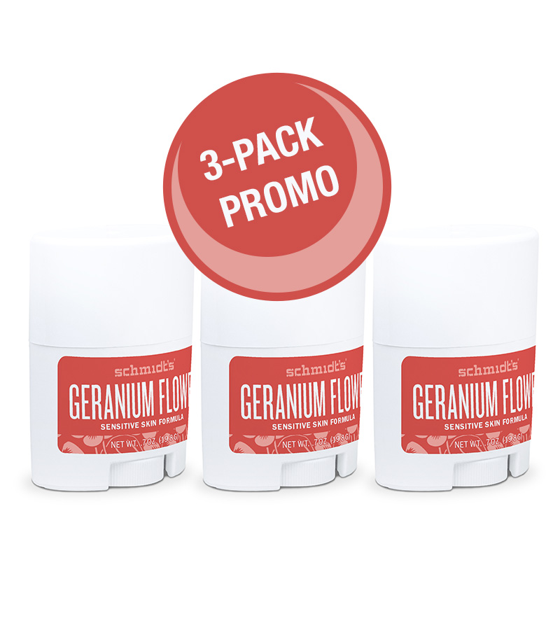3 PACK Schmidt's Naturals Deodorant Stick Geranium Flower, Sensitive Skin, Travel Size