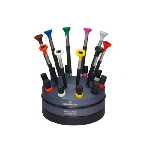 Bergeon 6899-S10 set of 10 ergonomic screwdrivers with spare blades on a rotating base