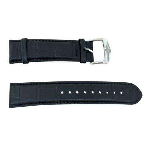 Bulova black leather watch strap with steel buckle, 22mm