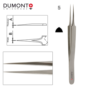 Dumont Tweezers, Carbon Steel, Form 5, Very Fine Points, 110 mm