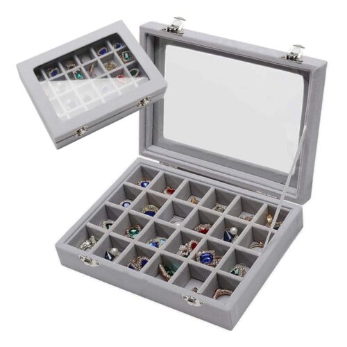 Gugita Grey Velvet Jewellery Box Organiser with Glass Lid