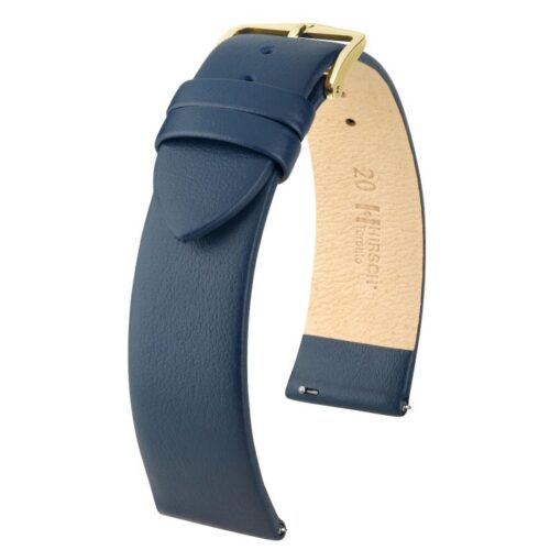 Hirsch Toronto L blue calf leather watch strap, 20 mm, Blue Color Strap, Gold Buckle, Size 20mm- L,  Ref. 03702080-1-20