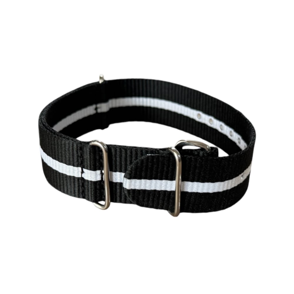 Nylon watch NATO strap black with white band, 22mm