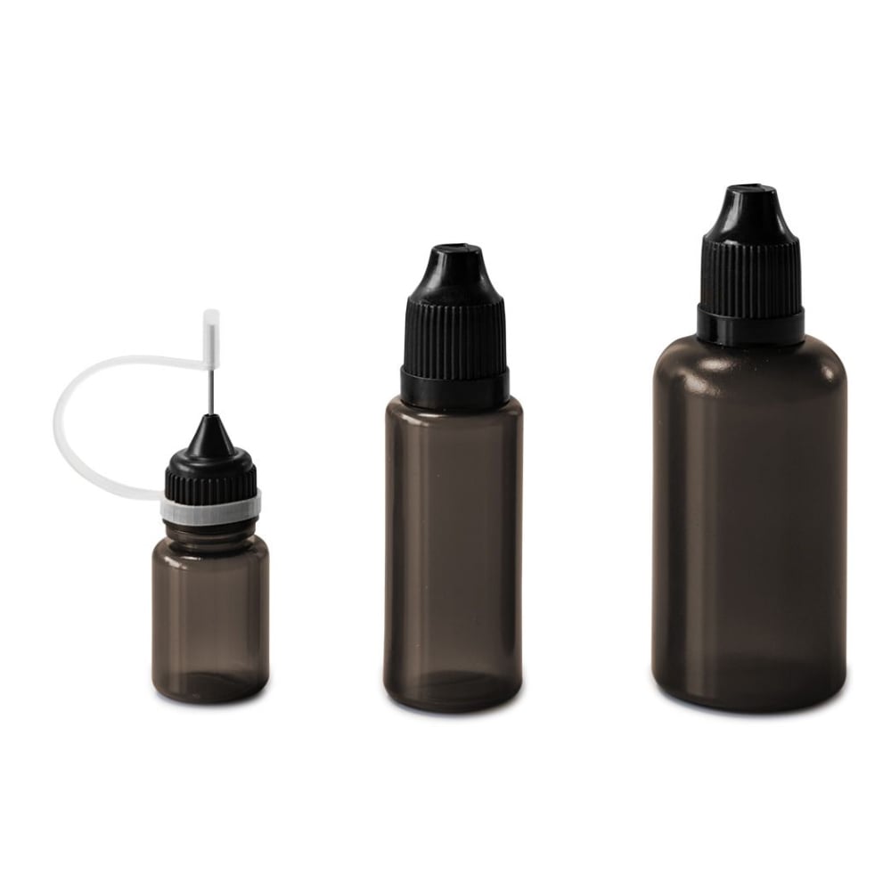 Set of 9 bottles, 5 - 50 ml, black with caps, dosing aids and funnel - Image 3