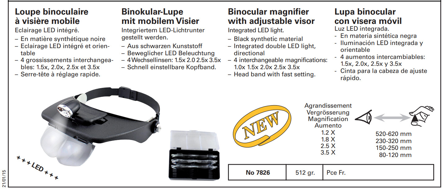 Bergeon 7826 binocular magnifier with adjustable visor 1.0x 1.5x 2.0x 2.5x 3.5x - Image 2