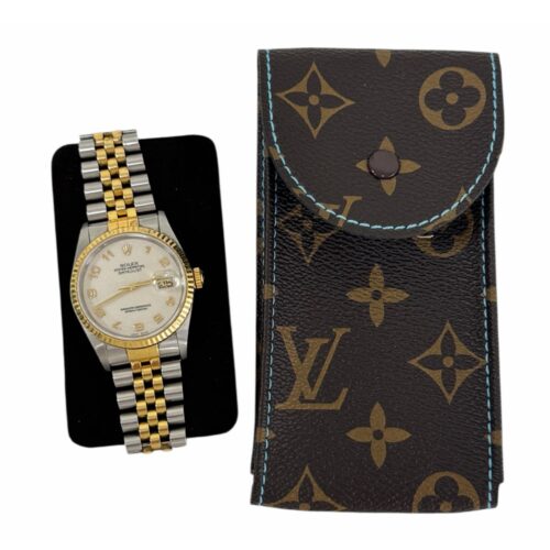New Louis Vuitton watch brown leather pouch with blue stitching