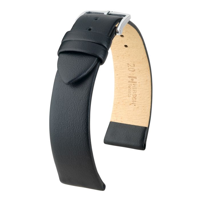 Hirsch Toronto L black calf leather watch strap 20 mm, Black Color Strap, Silver Buckle, Size 20mm L, Ref. 03702050-2-20